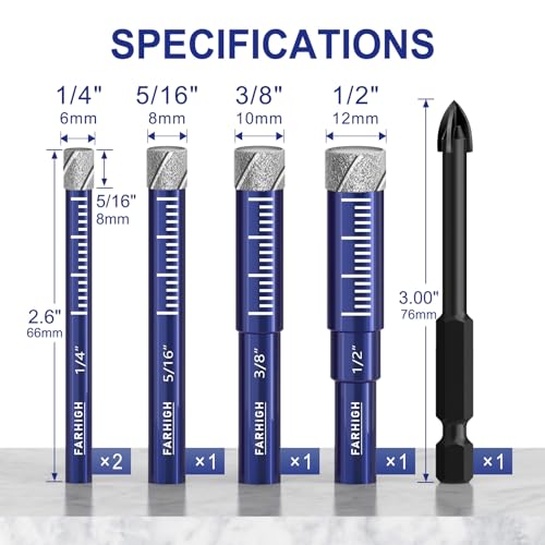 6 Pcs Diamond Drill Bit Set,1/4",5/16",3/8",1/2", Ceramic, Tile Drill Bits