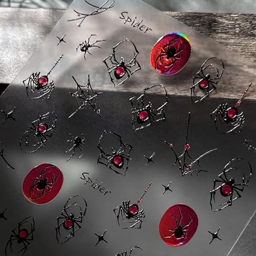 1Sheet Halloween Spider Nail Stickers for Nail Art Spider Web Nail Art Stickers 5D Embossed Halloween Nail Decals with Crystal Red Spider Web Nail Designs Manicure Decor for Women Manicure Supplies - style: spider web