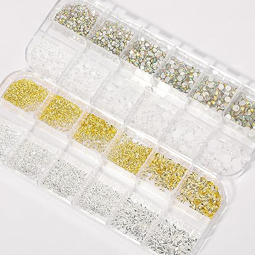 Nail Charms - Metal Silver & Gold Beads, Flatback Half Round Rhinestones, Small Nail Pearls, 3D Mixed Sizes Decorations for Nails Kits - color: Silver & Gold Beads Pearls Rhinestones