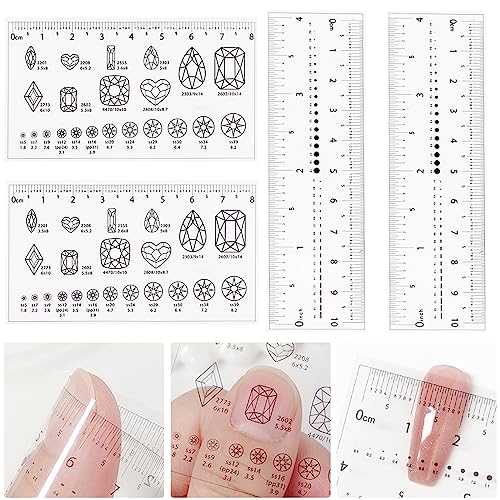 4-Piece Nail Measurement Ruler with Rhinestones - Measuring Tool for Acrylic Nails and DIY Manicure