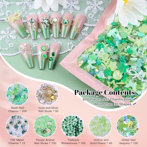 650PCS Cute 3D Resin Nail Charms and Gems Green Rabbit Bow Butterfly Charm - color: Green