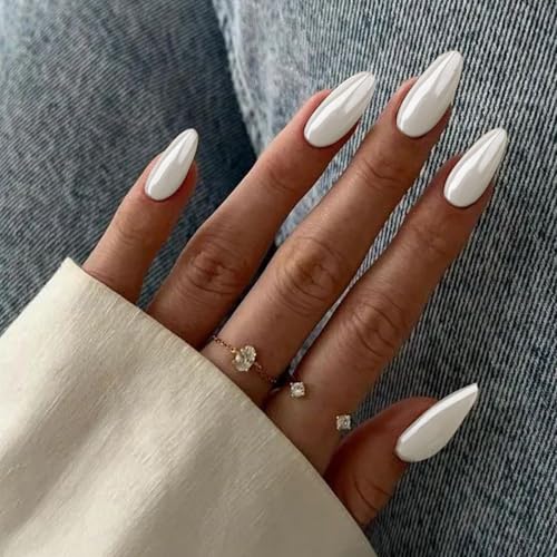 Chrome White Acrylic Press on Nails Almond Medium Fake Nails - color: 07-Chrome White