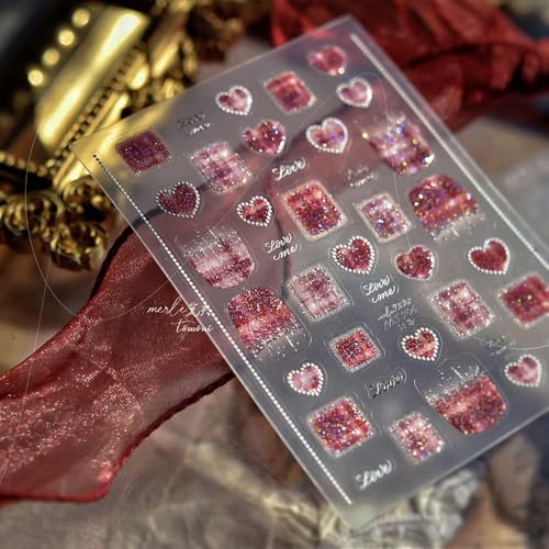 Love Letter Nail Stickers 5D Embossed – Premium Salon-Quality Self-Adhesive Nail Wraps, Tweed Warm Wine Red & Gold Sparkle Heart Designs, Easy Application for DIY Manicure, Press On, Home or Salon Use - color: Love Letter