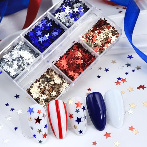 1 Box 6 Color Holographic Star Nail Glitter Red Blue Nail Sequins 3D Gold Silver Nail Flakes Sparkly Powder Flakes Patriotic Independence Day Nail Sequins Glitter for Nails Art 6 Grids - color: Color 28