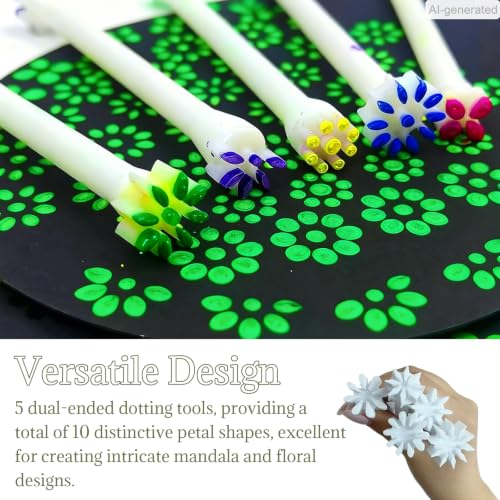 Mandala and Floral Dotting Tools Set - 5 Dual-Ended Mandala Dot Pens with 10 Petal Shapes for Artistic Dot Painting