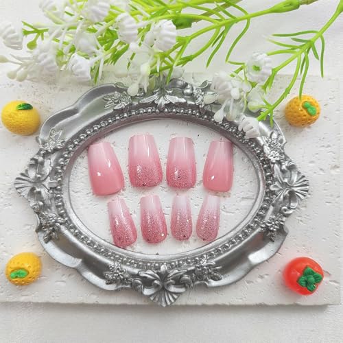Coffin Press on Nails Short Fake Nails with Glitter Gradient Designs Pink Nails Press ons Cute Acrylic Nails Glossy Glue on Nails Daily Wear Simple False Nails Fall Stick on Nails for Women 24Pcs - color: Glitter Gradient Designs