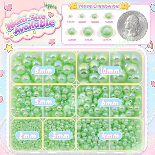 qiipii 2mm-10mm Light Green AB Flatback Half Round Pearls Gems Nail Charms - color: Light Green, size: AB Coating Half Pearls