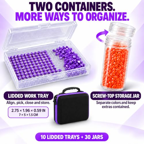 MERATIA Diamond Art Storage Case, 10 Lidded Trays and 30 Screw-Top Jars - color: Purple 40 Slots-2 Sizes
