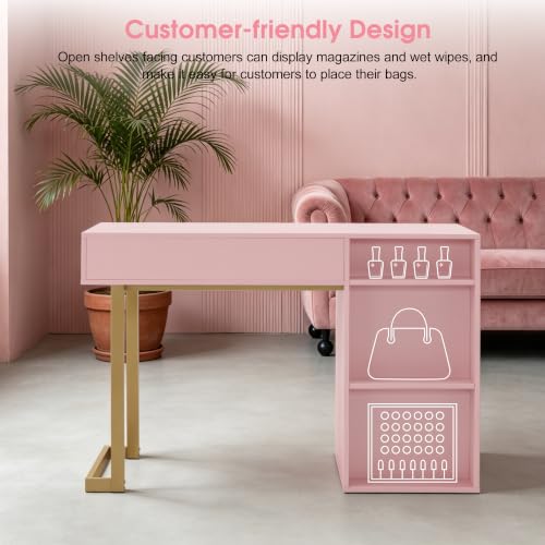 BarberPub Beauty Manicure Table with Storage Drawers, Nail Salon Desk for Nail Tech, Makeup Station with Round Handles, Beauty Equipment with Display Open Space 2990 (Pink & Gold) - color: Pink & Gold