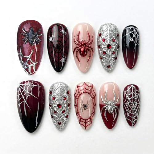 Halloween Spider Press On Nails Medium Almond Fake Nails 3D Chrome Silver Spider Web Design Gothic False Nail Red Black Gradient Full Cover Glue On Nails Spooky Halloween Manicure Kit for Women 30Pcs - color: special Halloween-2