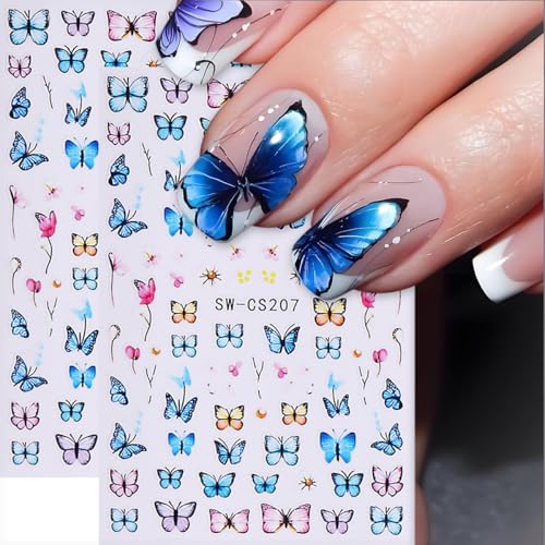 Butterfly Nail Art Stickers, Butterfly Nail Decals 3D Self Adhesive with Blue Purple Pink Yellow Butterflies Flower Design 6Pcs Spring Nail Art Supplies for Women Girls Spring Summer Nail Decoration - style: style2