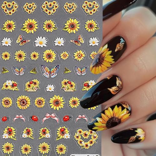 5 Sheets SunflowerNail Stickers for Nail Art, 5D Self-Adhesive Nail Decals - color: Sunflower