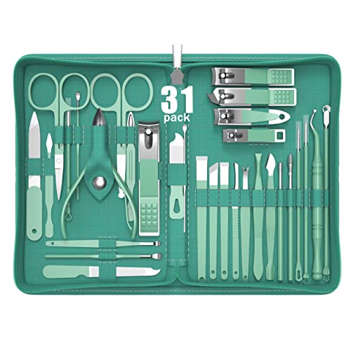 Tseoa Manicure Set Personal Care, Nail Clipper Kit, Professional Nail Clipper Pedicure Set, Nail Tools with Luxurious Travel Case, Gifts for Men Women Family Friend, 31 Pieces (Green) - color: Green 31pcs