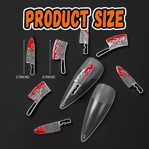 Halloween Bloody Knife Nail Charms Terror Silver Red Gems 3D Metallic Kitchen Supplies Goth Sharp Jewelry for Women Girls Manicure Acrylic Accessories Decoration 12pcs (ROFIBUTB006)
