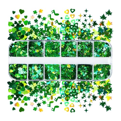 1 Box Holographic St. Patrick's Day Nail Glitter Shamrock Clover Nail Sequins 3D Green Nail Flakes Sparkly Glitter Flakes Shiny Nail Glitter Hearts Star Nail Sequins Glitter for Nails Art 12 Grids - color: YHN06