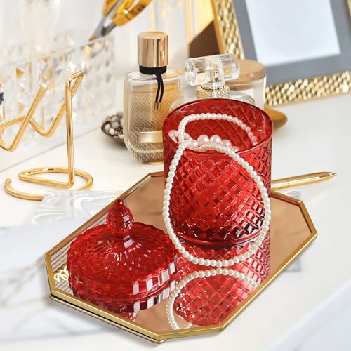 Joeyan 18 oz Red Glass Jars with Lid,Embossed Candy Dishes,Diamond Faceted Glass Food Container,Decorative Jewelry Box Canisters,Colored Kitchen Bathroom Storage Organizer,Gifts for Wedding Buffet - color: Red