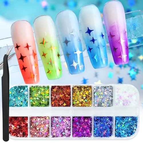 1 Box 12 Color Holographic Star Nail Glitter Silver Gold Nail Sequins 3D Colorful Nail Flakes Sparkly Powder Flakes Shiny Nail Glitter Laser Nail Sequins Glitter for Nails Art 12 Grids - color: Color 33