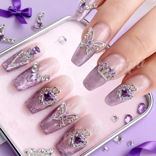 qiipii 24pcs Purple Luxury Nail Charms Heart Rhinestones Charms 3D Big Crown Butterfly Nail Gems Crystals Diamonds Jewelry Stones Alloy Studs Supplies Decor for Arylic Nails Face Makeup DIY Crafts - color: Luxury Charms - Purple, size: 1 Box