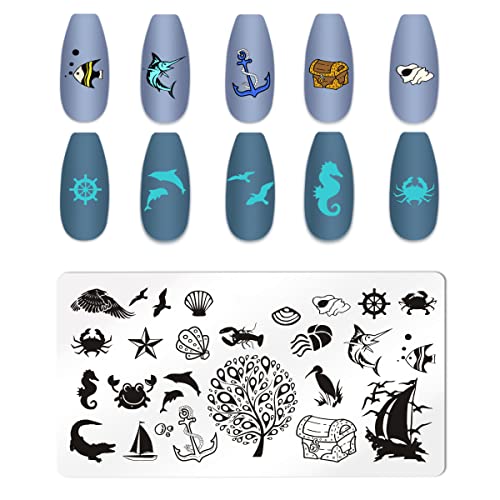 6pcs Seaside Scenery Nail Stamping Plate Nail Stamping Kit for Nails Summer Beach Coconut Trees Sunset Waves Sea Animals Image Plates Nail Stamper Kit - color: Seaside Scenery Nail Stamping Plate
