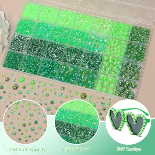 14000Pcs Mixed Green Flatback Rhinestones and Pearls for Bedazzling Kit - color: S7