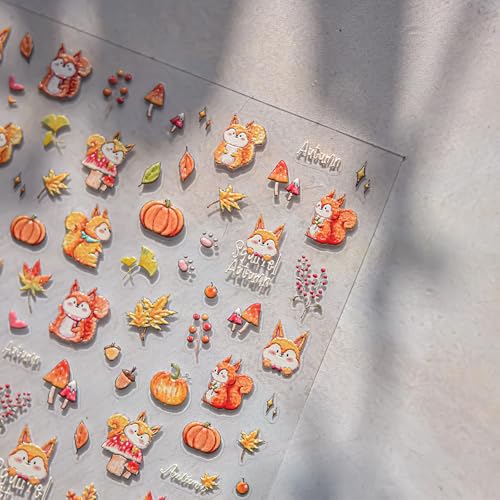 Maple Leaf Nail Stickers Fall Fox Nail Art Decals 5D Embossed Self Adhesive Autumn Leaf Pumpkin Mushroom Nuts Nails Decals for Nail Art Thanksgiving Day Nail Design for Women DIY Manicure Accessories - style: thanksgiving maple leaf
