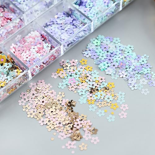 Spring Mini Flower Nail Art Glitter Sequin 12Boxes Cute Colorful Flower Nail Flake Decals 3D Holographic Five-Petaled Flower Nails Glitter Nail Art Supplies for Women Manicure Spring Nail Decorations - color: Five-Petaled Flower