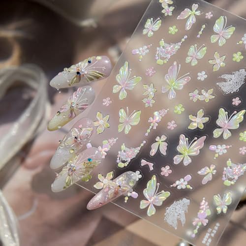 1 Sheet Colorful Butterfly Nail Art Stickers Decals Pink Green Butterfly 5D Embossed Nail Decals Shell Light Butterflies Nail Designs Laser Butterfly Manicure Accessories for DIY Nail Supplies Decor - style: holographic butterfly