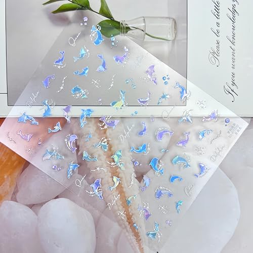 1 Sheet Dolphin Nail Art Sticker 5D Embossed Ocean Cute Dolphin Pearl Fantasy Nail Designs for Women Girls Summer Nail Art DIY Decoration - style: dolphin