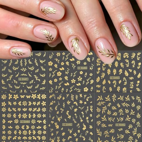 12 Sheets Gold & Silver Nail Stickers, Flower & Leaves 3D Nail Decals - color: Style-28