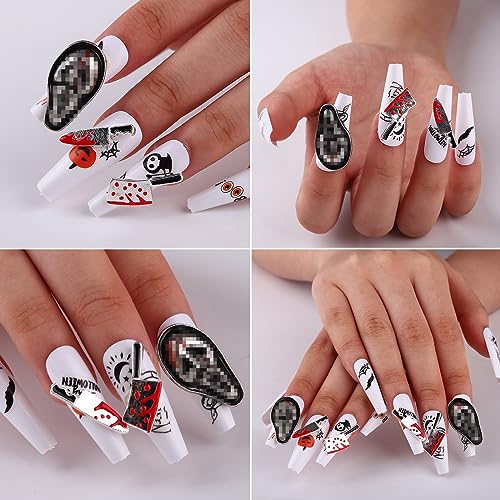 Halloween Bloody Knife Nail Charms Terror Silver Red Gems 3D Metallic Kitchen Supplies Goth Sharp Jewelry for Women Girls Manicure Acrylic Accessories Decoration 12pcs (ROFIBUTB006)