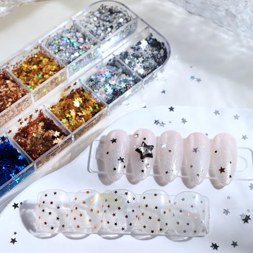 12 Boxes Spring Laser Star Nail Art Glitters Colorful Star Nail Sequins Set, Spring Laser Nail Decor Accessories Mini 3D Stars Nail Decals Holographic Glitters for Women Manicure - color: Laser Star