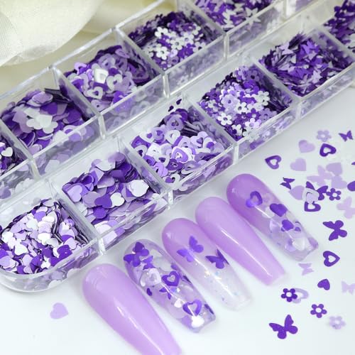1 Box 2 Color Holographic Hearts Flower Nail Glitter Purple Nail Sequins 3D Butterfly Nail Flakes Sparkly Powder Flakes Shiny Nail Confetti Hollow Chunky Glitter for Nails Art 12 Grids - color: Color 25