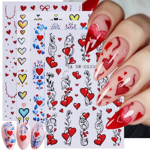4 Sheets Valentines Nail Stickers 3D Self-Adhesive Red Hearts Nail Art Stickers with Colorful Love Hearts Bow Designs Retro Graffiti Double Heart Nail Decals Holiday Nail Art Supplies for Women DIY - style: Bow Nail Stickers-12