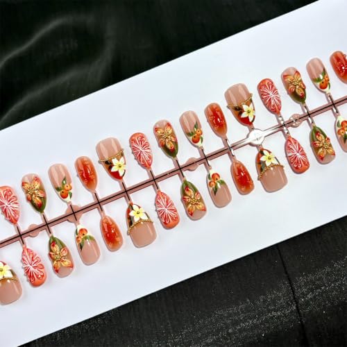 Fall Floral Press On Nails Medium Almond False Nails Autumn Orange Flower Acrylic Nails with Rhinestones Design French Tip Full Cover Stick On Nails Reusable Artificial Nail Set for Women 30Pcs - color: special Fall Floral-19