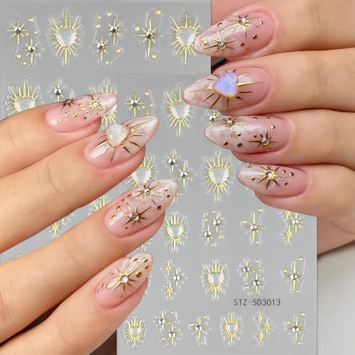 6 Sheets Star Nail Stickers for Nail Art, Shiny Crystal Diamond Stars Heart Silver Gold Self-Adhesive Nail Art Stickers Decals Design Everyday Salon Nail Art DIY Decoration Supplies for Women - style: Stars
