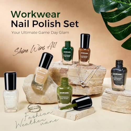 Morovan Workwear Nail Polish Set: Green Dark Olive Brown Nude Women Gift - color: Workwear Neutrals