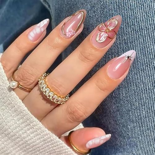 Nude French Tip Press on Nails Almond Medium 3D Flower Fake Nails - color: 14-Pink