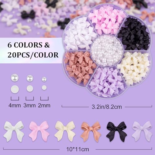 120 Pcs 3D Nail Bow Charms + 2-4mm Nail Pearls Set 1, 6 Colors Cute Bow Charms and White Flatback Pearls with Nail Charm Glue Gel(UV Needed) and Pickup Tools for Nail Art Decoration - color: Style A with Glue- 6 Colors Set 1