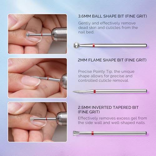 MelodySusie 3Pcs Cuticle Cleaner Nail Drill Bits Set, 3/32'' Safety Carbide Diamond Bits, Ball, Flame and Inverted Tapered Bits, Suitable for Cuticle Dead Skin Nail Prepare, Silver - size: Diamond Bits A Set