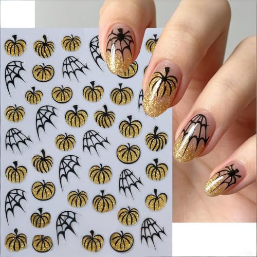 Halloween Pumpkin Nail Art Stickers Spider Webs Nail Art Decals 6 Sheets 3D Self-Adhesive Glitter Orange Yellow Pumpkin Stickers for Women Halloween Nail Supplies Fall Nail Decorations - color: Halloween Style4