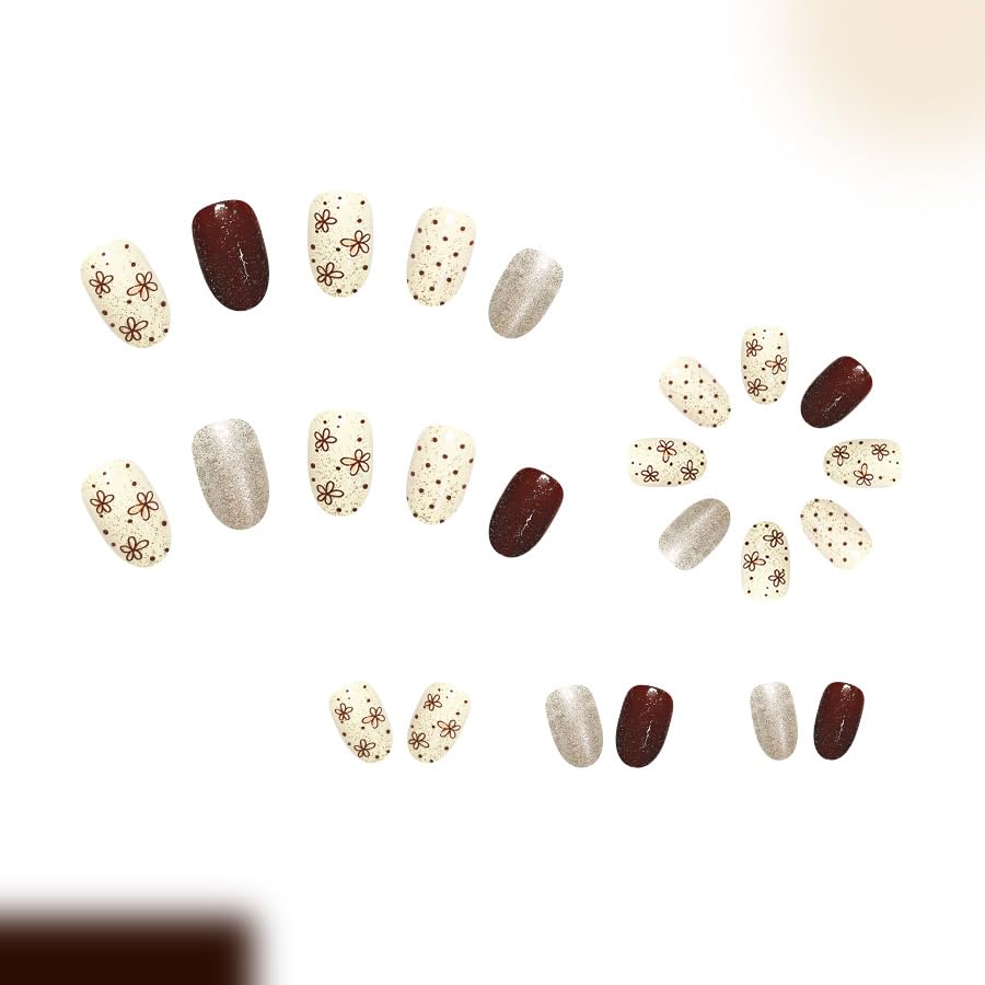 24Pcs Fall Flower Press on Nails Short Almond Polka Dots Fake Nails - color: Fall10