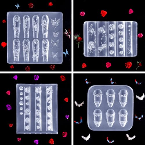 Laza 4pcs 3D Flower Mold for Nails, Multiple Rose Shapes Nail Molds - color: Blooming Rose Ripple