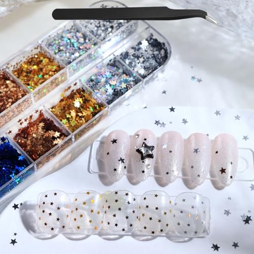 1 Box 12Grids Holographic Star Nail Glitter Tiny Stars Nail Sequins 3D Nail Flakes Laser Ombre Glitter Flakes Gold Silver Blue Black Star Nail Art Glitter Shiny Nail Sequins Glitter for Nails Art - color: Color 12