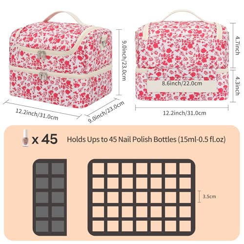CUBETASTIC Nail Polish Organizer, Nail Supplies Storage Case Holds 45 Bottles Nail Polish & Nail Lamp, Travel Nail Tech Carrying Bag, Nail Kit Bag For Nail Stuff & Manicure Tools - color: Hot Pink Floral, size: 45 Slots