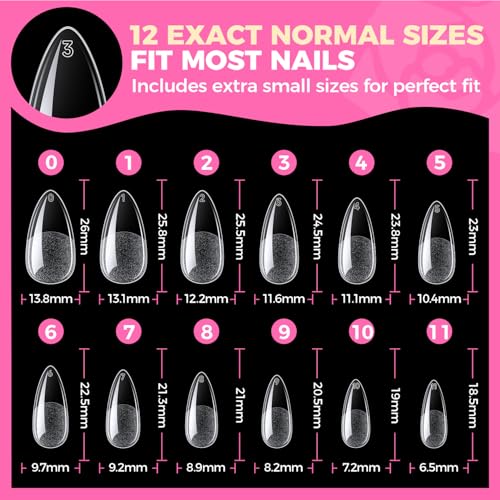 UNA GELLA Almond Gel Nail Tips 504PCS Pre-Etched Clear Fake Nails Tips