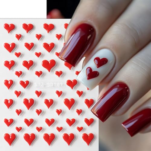Valentine’s Day Nail Art Stickers 5D Embossed Heart Nail Decals Self-Adhesive Nail Art Supplies 2PCS Romantic Red Love Heart Valentines Nails Design Adhesive Stickers for Nails Manicure Decorations - style: 5d red heart