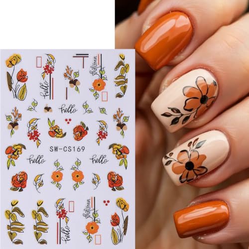 6 Sheets Fall Nail Stickers 3D Self-Adhesive Thanksgiving Nail Decals Autumn Maple Leaf Nail Art Stickers Pumpkin Fruit Fallen Leaves Sunflower Nail Design for Women Holiday DIY Manicure Accessories - color: Fall