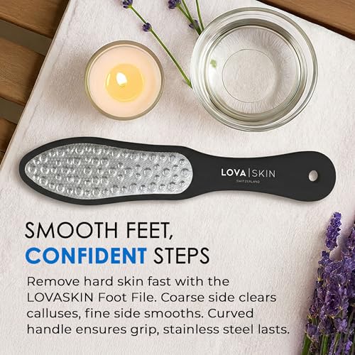 LOVA Skin Black Professional Foot File | Stainless Steel Foot Scraper and Callus Remover Tool | Double-Sided Pedicure Foot File for Dead Skin and Hard Heel Removal | Durable Hygienic Design - color: Black