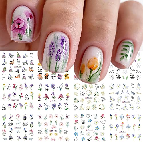 Flower Nail Art Stickers, Flower Nail Decals Water Transfer Nail Art Supplies Summer Lily Orchid Butterfly Small Floral Flowers Spring Nail Tattoo Stickers Accessories for Women Girls(12Sheets) - style: Floral