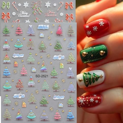 Christmas Nail Stickers, 5D Embossed Holly Leaf Nail Decals Snowflake Elk Lights Bell Xmas Tree Winter Nail Design Holiday Nail Art Decoration for Women Girls(5Sheets) - style: Holly Leaf